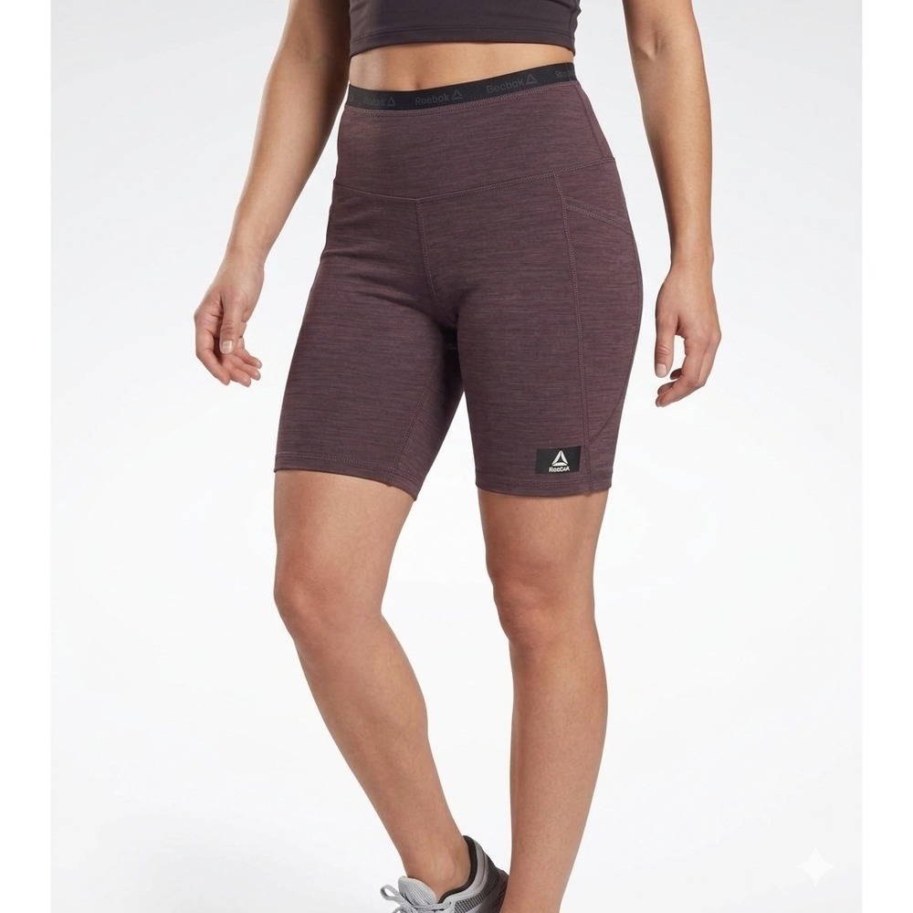 Reebok Womens High Waisted Bike Shorts Purple Heathered Side Pockets Small